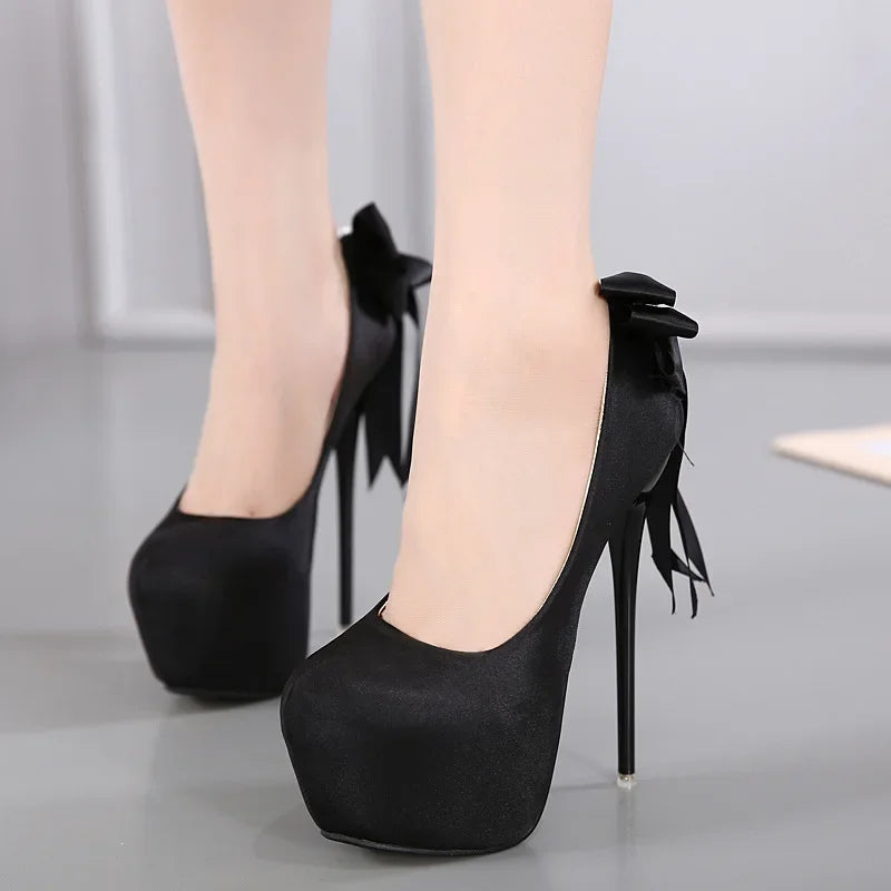 Black Pumps Silk Round Toe Platform SlipOn Shallow Thin Heeled High Heel