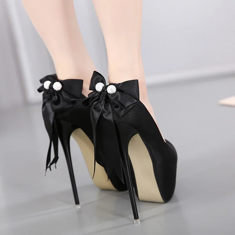 Black Pumps Silk Round Toe Platform SlipOn Shallow Thin Heeled High Heel