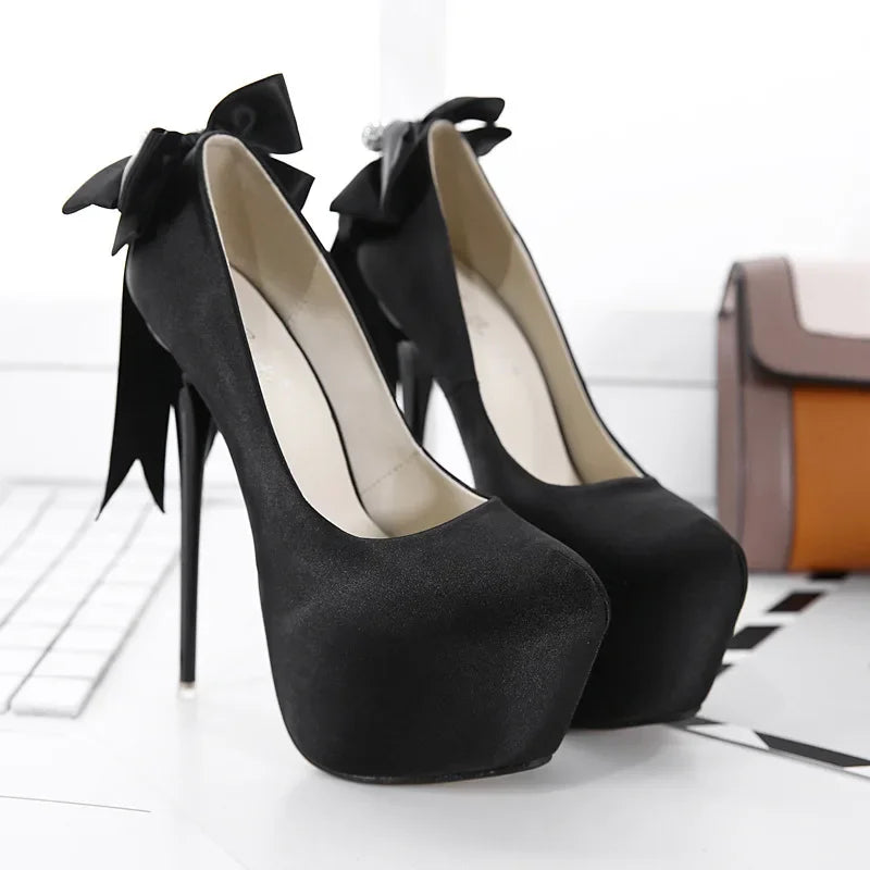 Black Pumps Silk Round Toe Platform SlipOn Shallow Thin Heeled High Heel