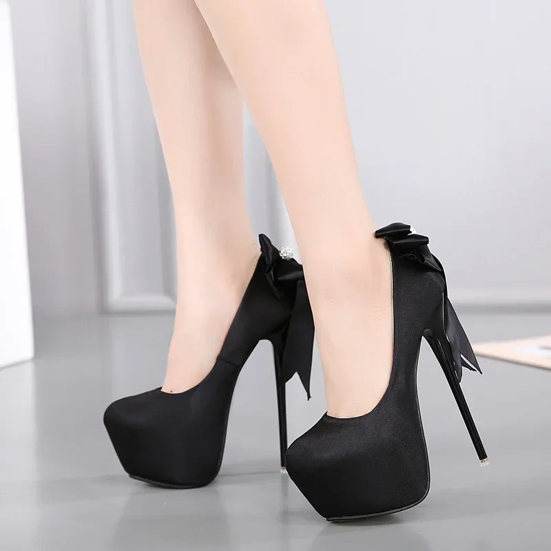 Black Pumps Silk Round Toe Platform SlipOn Shallow Thin Heeled High Heel
