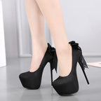 Black Pumps Silk Round Toe Platform SlipOn Shallow Thin Heeled High Heel