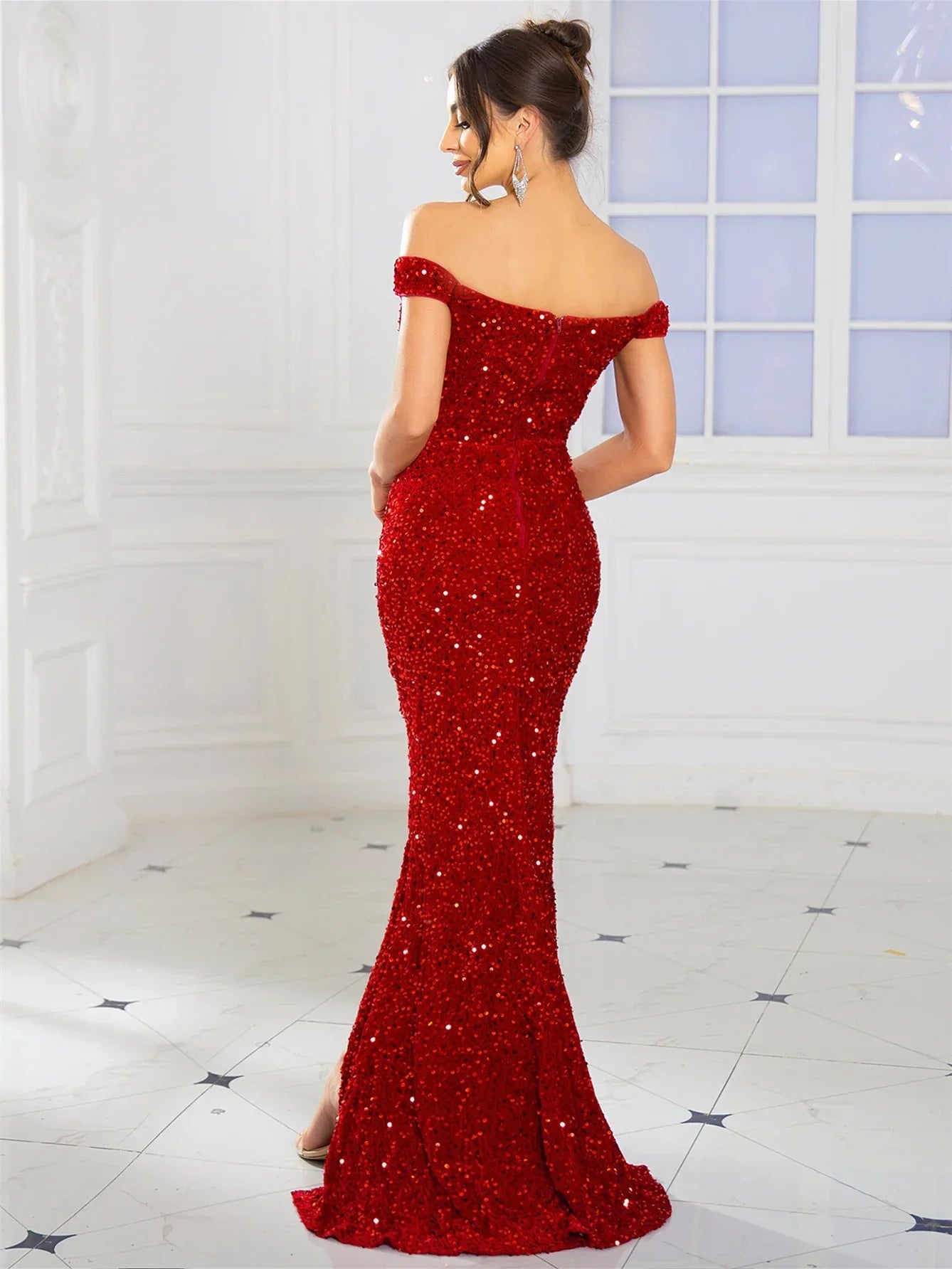 Slash Neck Sequin Party Dress