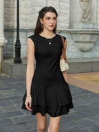Sleeveless Pleated Hem Ruched Solid Dress