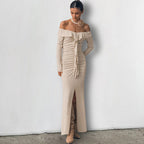Slim Fit Ruffled Dress High Sense Khaki off Neck Tube Top Split Fishtail