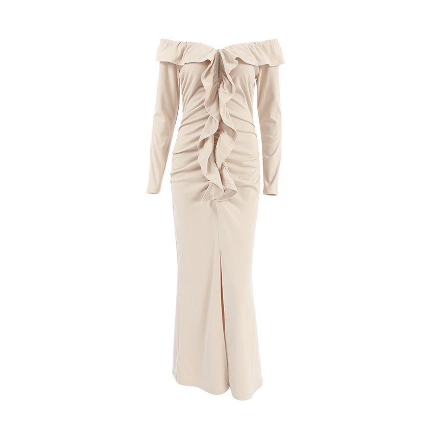 Slim Fit Ruffled Dress High Sense Khaki off Neck Tube Top Split Fishtail