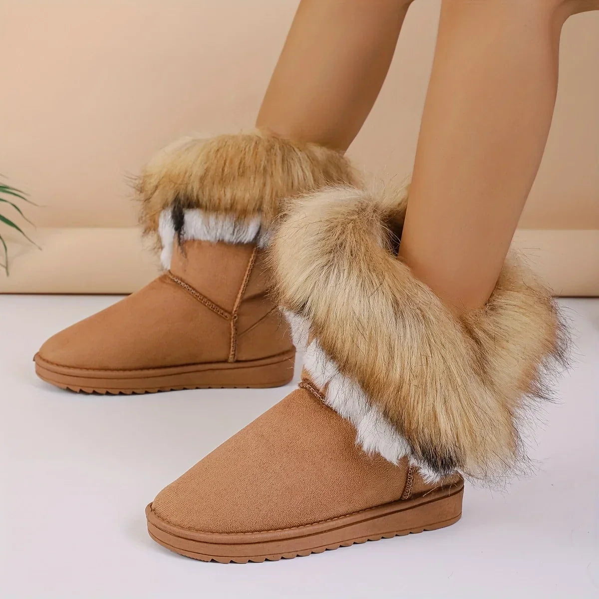 Faux Fur MidCalf Thermal Plush Lined Flat Outdoor Snow Boot