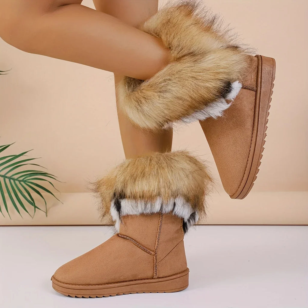 Faux Fur MidCalf Thermal Plush Lined Flat Outdoor Snow Boot