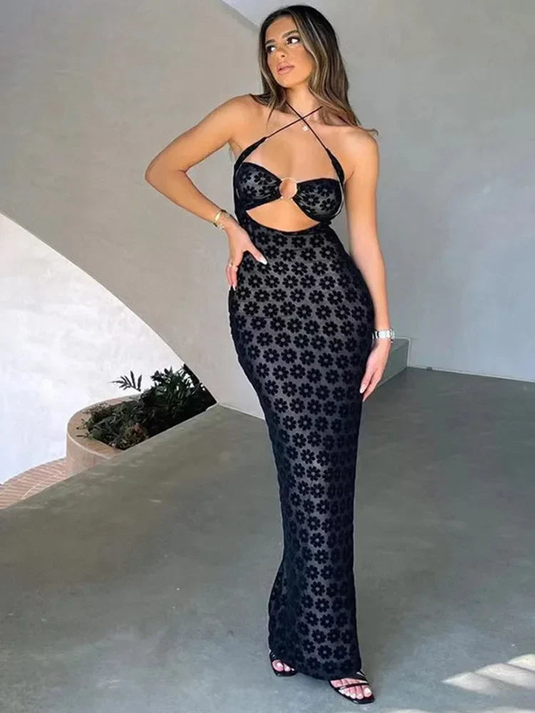 Hollow Out Hanging Neck Perspective Midi Dress