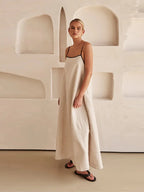 Débora Elegant Linen-cotton Dress with Open Back for Women