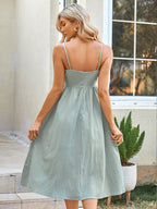 DressBetty - Solid Green Loose Waist A-Shape Midi Dress