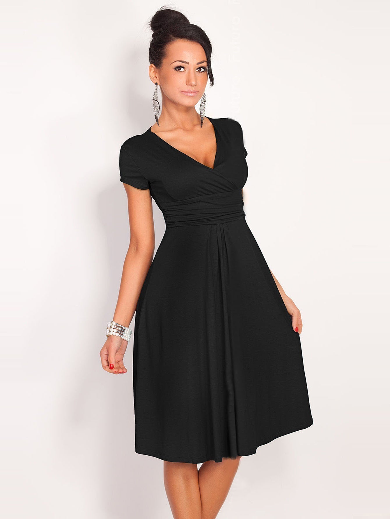 Solid V neck Dress