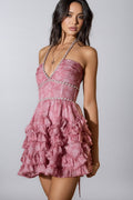 Tryphosa Pink Printed Beaded Mini Dress