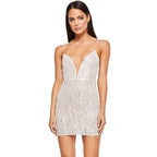 Sequin Fringe Deep V Sleeveless Bodycon Party Mini Dress - Silver