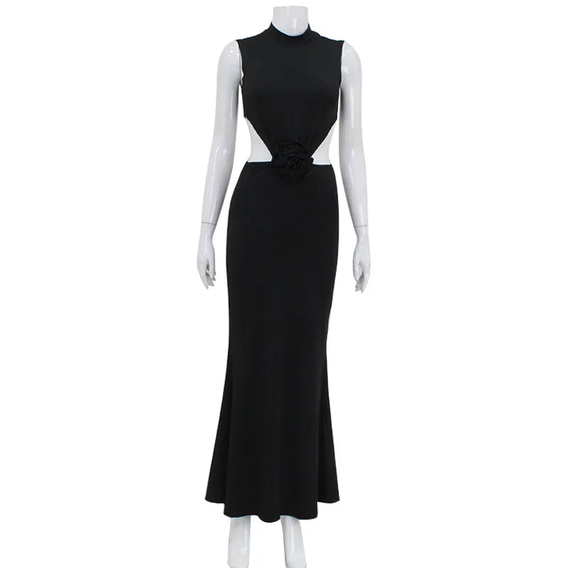 Elegant Hollow Back Sexy Solid Color Turtle Neck Sleeveless Dress Party Dress