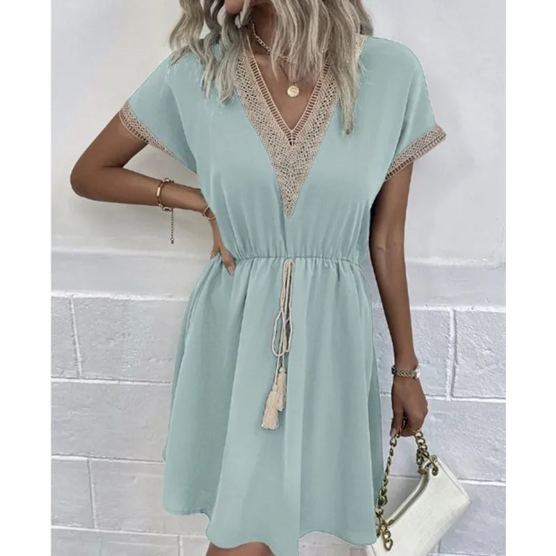 Lace V-Neck Panel Short Sleeve Midi Dress