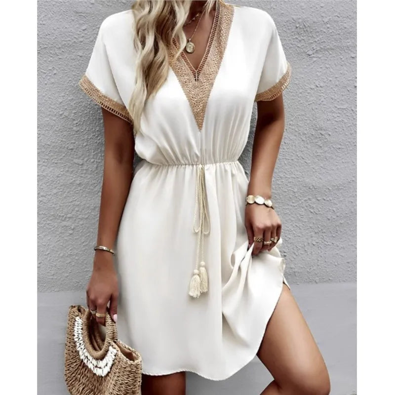 Fresh Sweet Solid Short Lace VNeck Waist Panel Skirt Midi Dresses