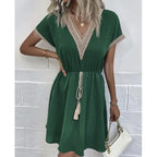 Fresh Sweet Solid Short Lace VNeck Waist Panel Skirt Midi Dresses