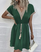 Fresh Sweet Solid Short Lace VNeck Waist Panel Skirt Midi Dresses