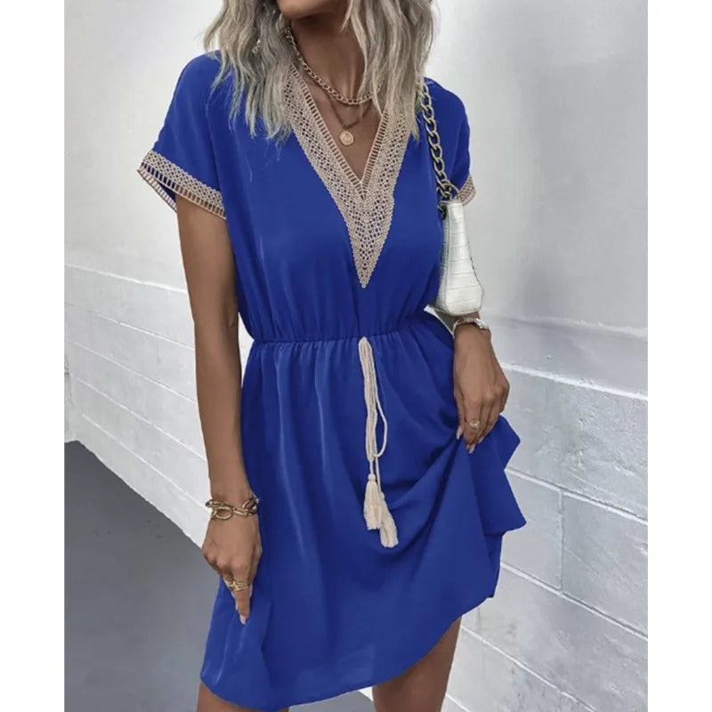 Fresh Sweet Solid Short Lace VNeck Waist Panel Skirt Midi Dresses
