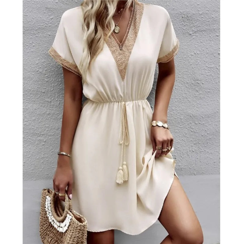 Fresh Sweet Solid Short Lace VNeck Waist Panel Skirt Midi Dresses