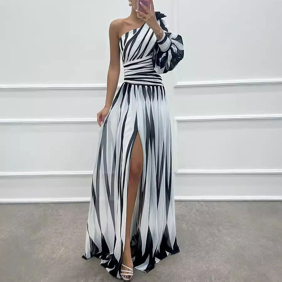 Printed Diagonal Shoulder Split Dress Casual Loose Party Dress Dress