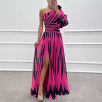 Printed Diagonal Shoulder Split Dress Casual Loose Party Dress Dress