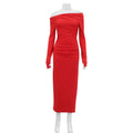 Off Shoulder Long Sleeve Waist Controlled Hip Dress Elegant Retro Red