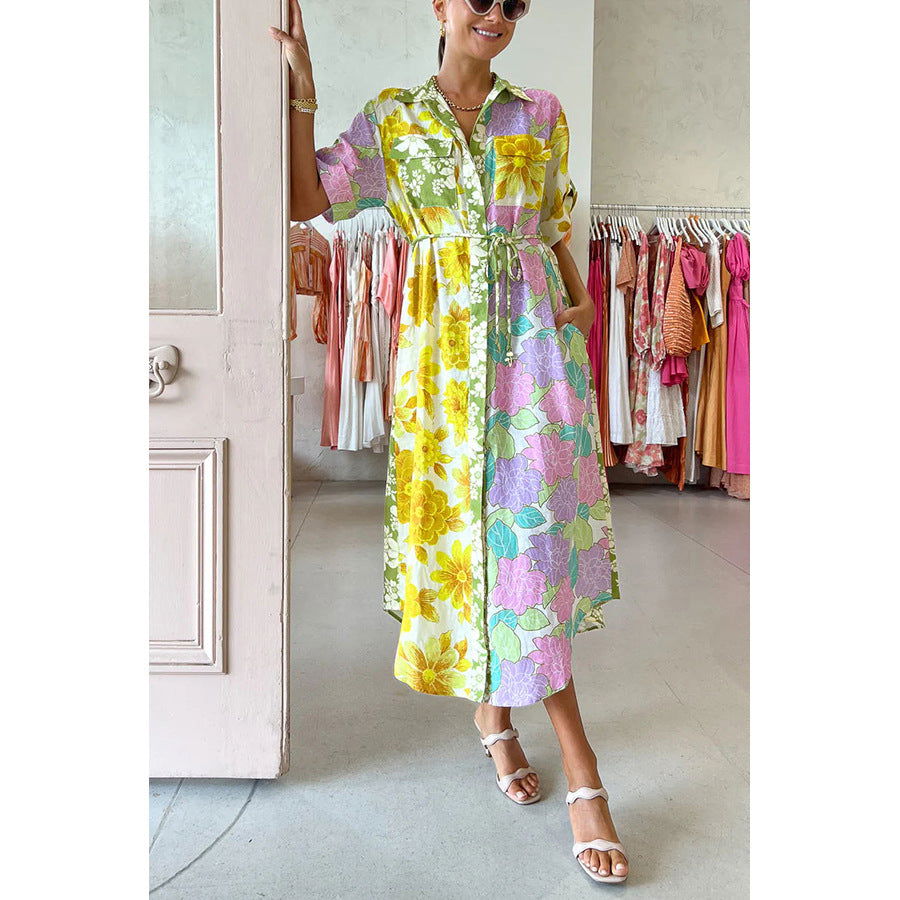 Loose Vacation Dress Casual Short Sleeve Lace up Pocket Dress