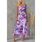 Oblique Shoulder Printing Elastic Lining Dress Casual