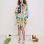 Printed 3 4 Sleeves Lace up Dress Casual Loose