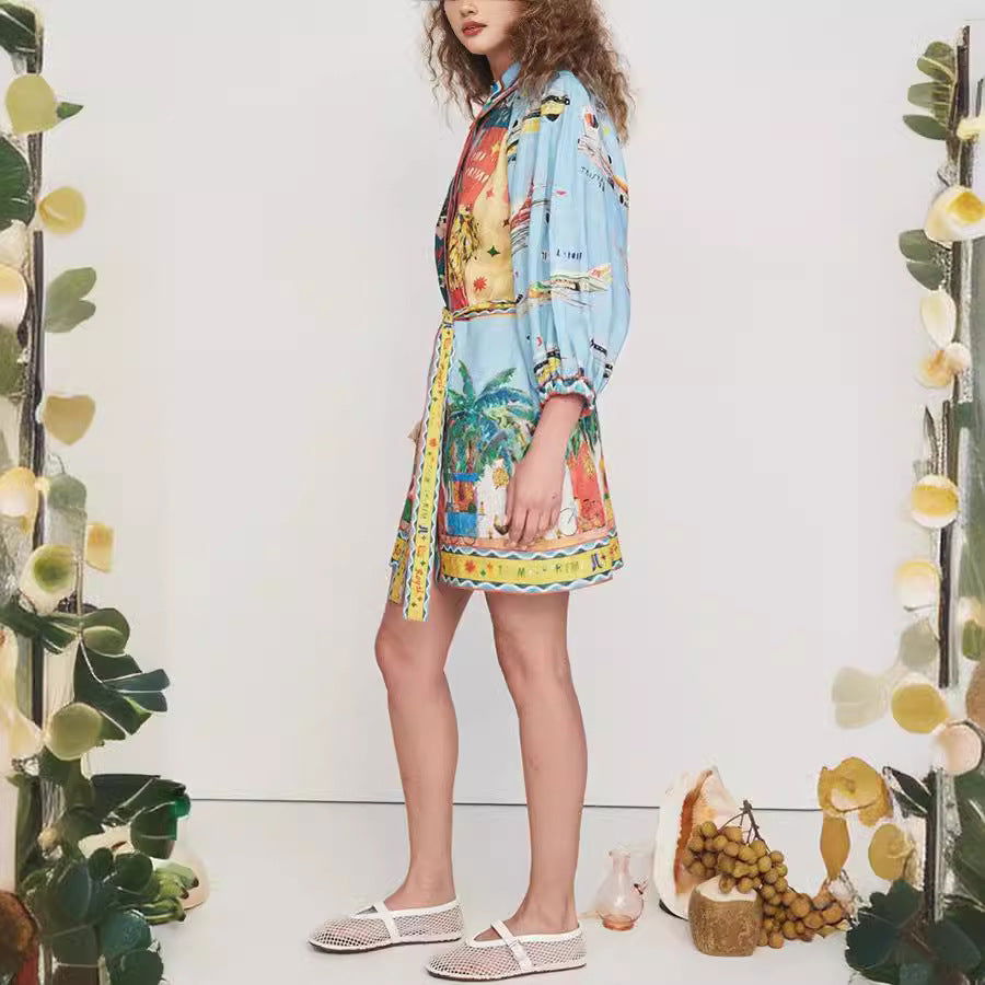 Printed 3 4 Sleeves Lace up Dress Casual Loose