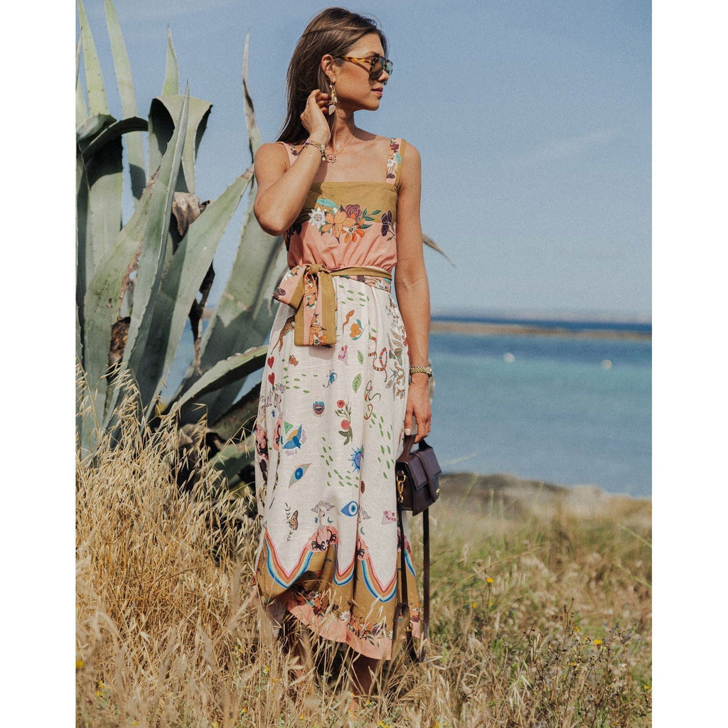 Suspender Printing Pleated Dress Loose Casual Holiday Dress