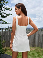 Square Neck Backless Waffle Mini Dress