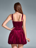 Square Neck Backless Velvet Pleated Hem Dress