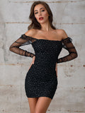 Square Neck Contrast Sequin Mesh Bodycon sexy Dress