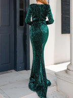 Square Neck Long Evening Mermaid Dress Sequined Floor Length Stretchy Party Dress