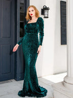 Square Neck Long Evening Mermaid Dress Sequined Floor Length Stretchy Party Dress