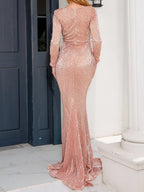 Square Neck Long Evening Mermaid Dress Sequined Floor Length Stretchy Party Dress
