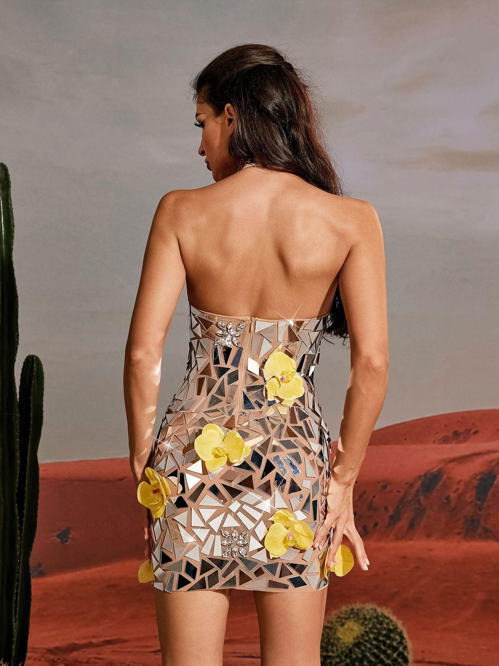 Flower Acrylic Embellished Mini Dress