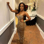 Strap Rhinestone Bubble Ball Evening Dress Maxi Dress for