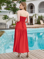 Strapless Crisscross Tie Back Split Thigh Solid Dress