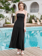 Strapless Crisscross Tie Back Split Thigh Solid Dress