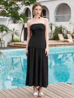Strapless Crisscross Tie Back Split Thigh Solid Dress