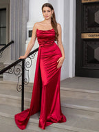 Strapless Ruched Satin Party Dress