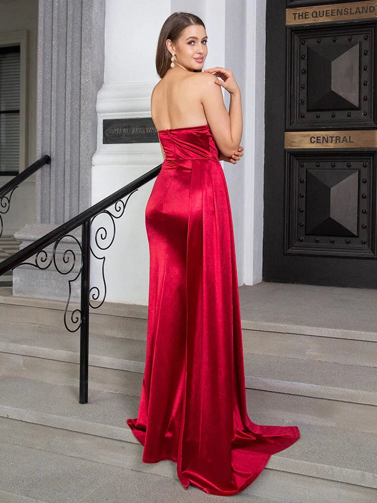 Strapless Ruched Satin Party Dress