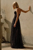 Strappy Draped RhineStone Tulle Corset Maxi Dress in Black