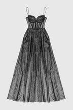 Strappy Draped RhineStone Tulle Corset Maxi Dress in Black