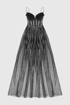 Strappy Draped RhineStone Tulle Corset Maxi Dress in Black