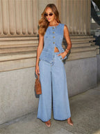 Streetwear Denim Wide Leg Office Two Piece Set
