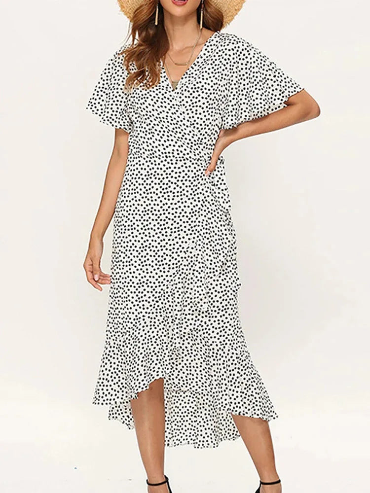 Beach Floral Boho Long Chiffon Ruffles VNeck Sexy Party Robe Midi Dresses